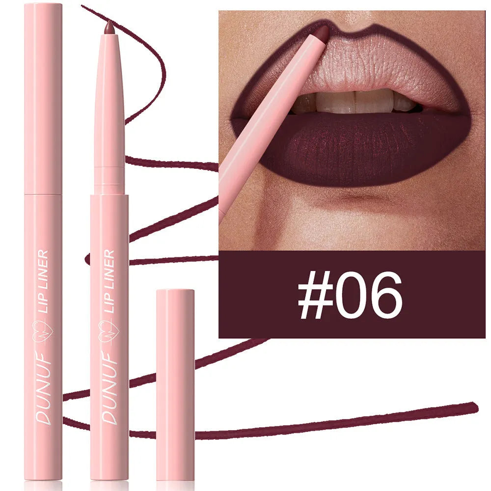A single velvet matte lip liner pencil shown with a swatch of its colour, representing one of 12 available shades.