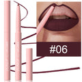 A single velvet matte lip liner pencil shown with a swatch of its colour, representing one of 12 available shades.