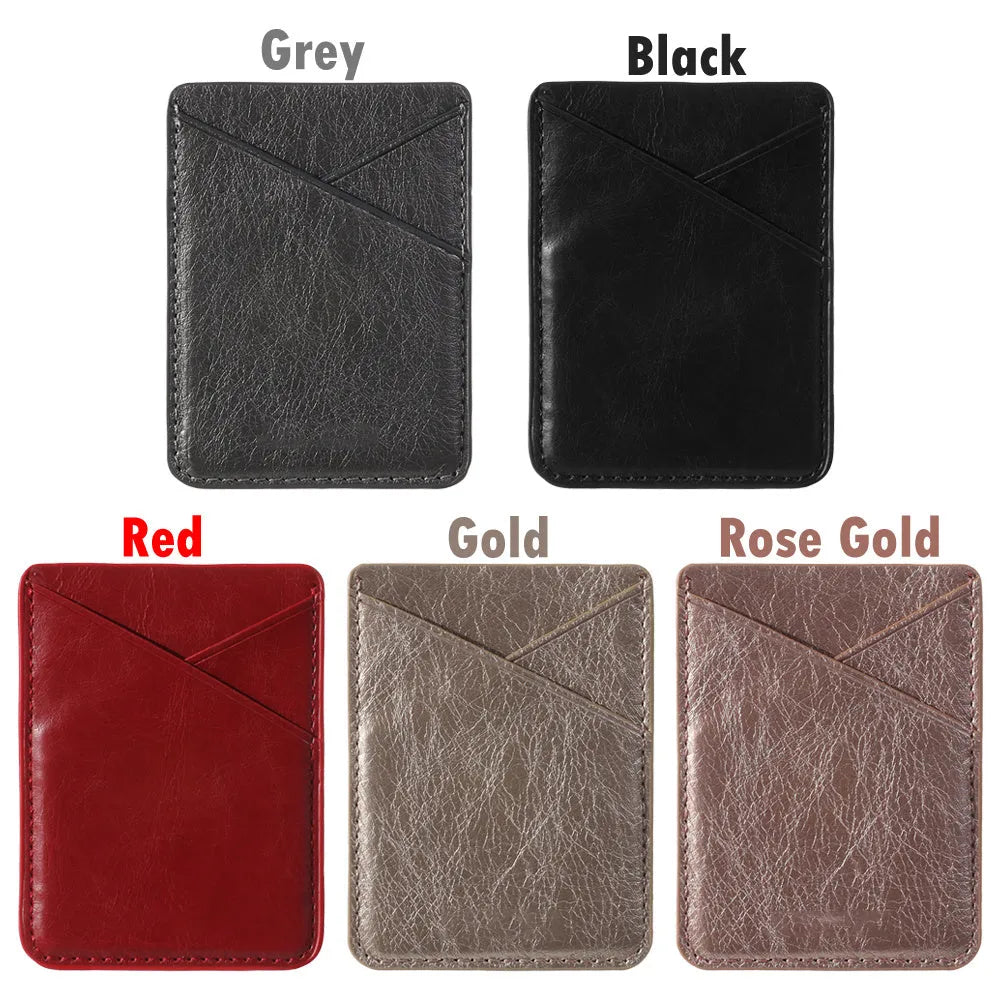 PU leather mobile phone sticker back cover card holder in Black and Pink colour options on a phone