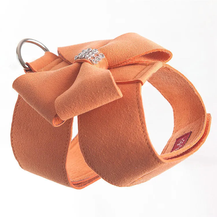 Adjustable microfiber dog chest strap shown in pink, blue, and orange colour options.