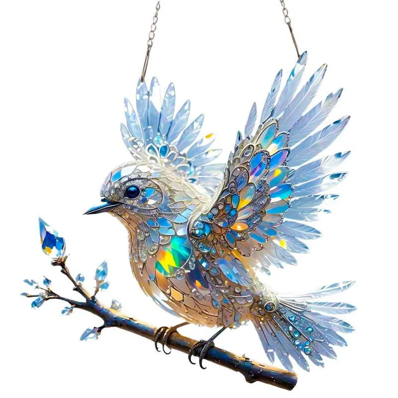 Square acrylic bird pendant ornament with colourful cartoon design, shown in 15cm and 20cm sizes.