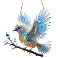 Square acrylic bird pendant ornament with colourful cartoon design, shown in 15cm and 20cm sizes.