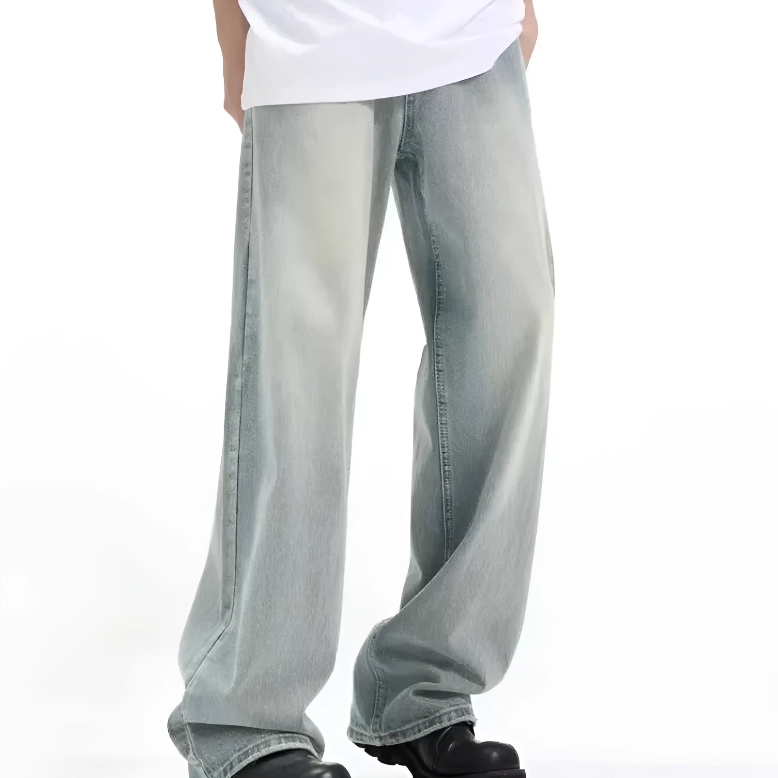 Blue retro trousers with rabbit fur fabric and high elasticity in loose casual fit