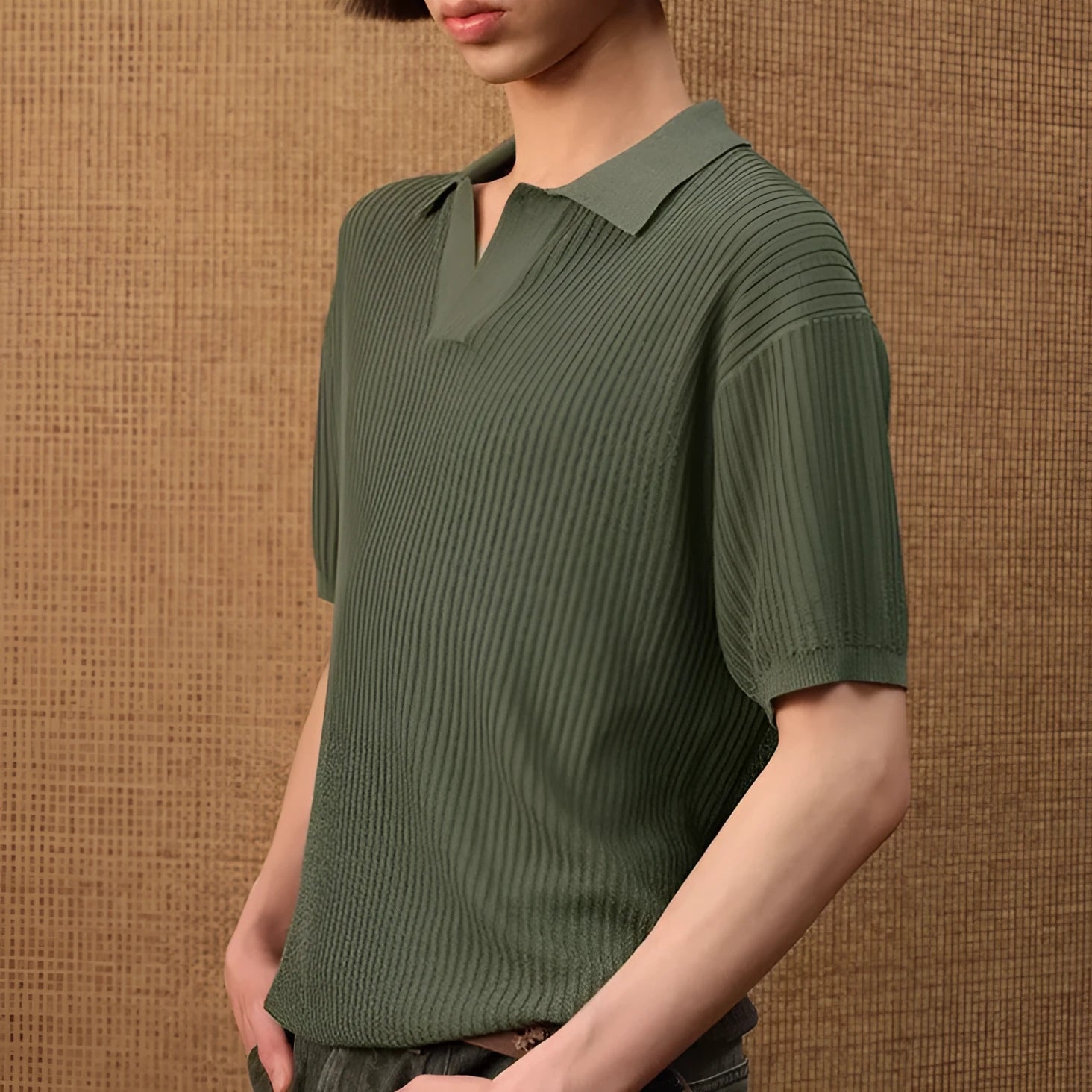 Man wearing a creamy-white loose fit short-sleeved polo shirt with a striped collar.
