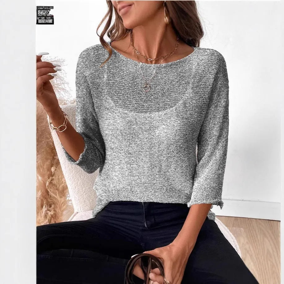 Women's thin knitted off-shoulder jumper in lavender purple with a 3D pattern and 3/4 sleeves.