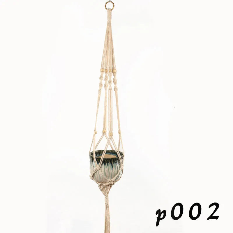 Woven wire cotton rope plant hanger macramé pot holder in European American village style