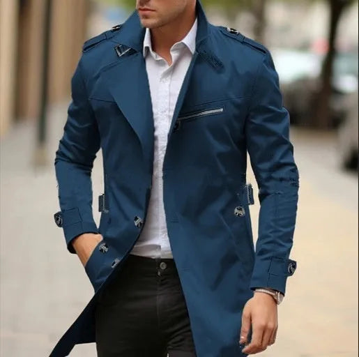 Plus size men's mid-length lapel jacket in army green with side seam pockets.