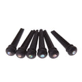 Six matte black ebony guitar bridge pins with a 5.3mm bayonet for folk acoustics.