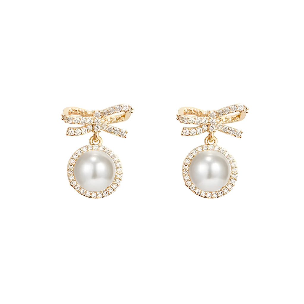Bow pearl simple micro stud earrings in white with copper electroplated finish and white gold inlaid gemstone