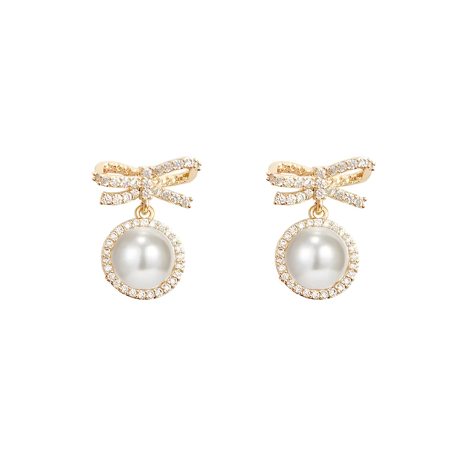 Bow pearl simple micro stud earrings in white with copper electroplated finish and white gold inlaid gemstone
