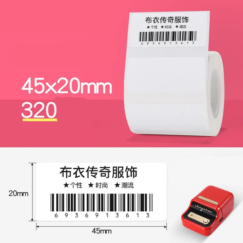 Thermal barcode paper labels with protective film on a roll, multiple size options from 30mm to 80mm, direct thermal printing.