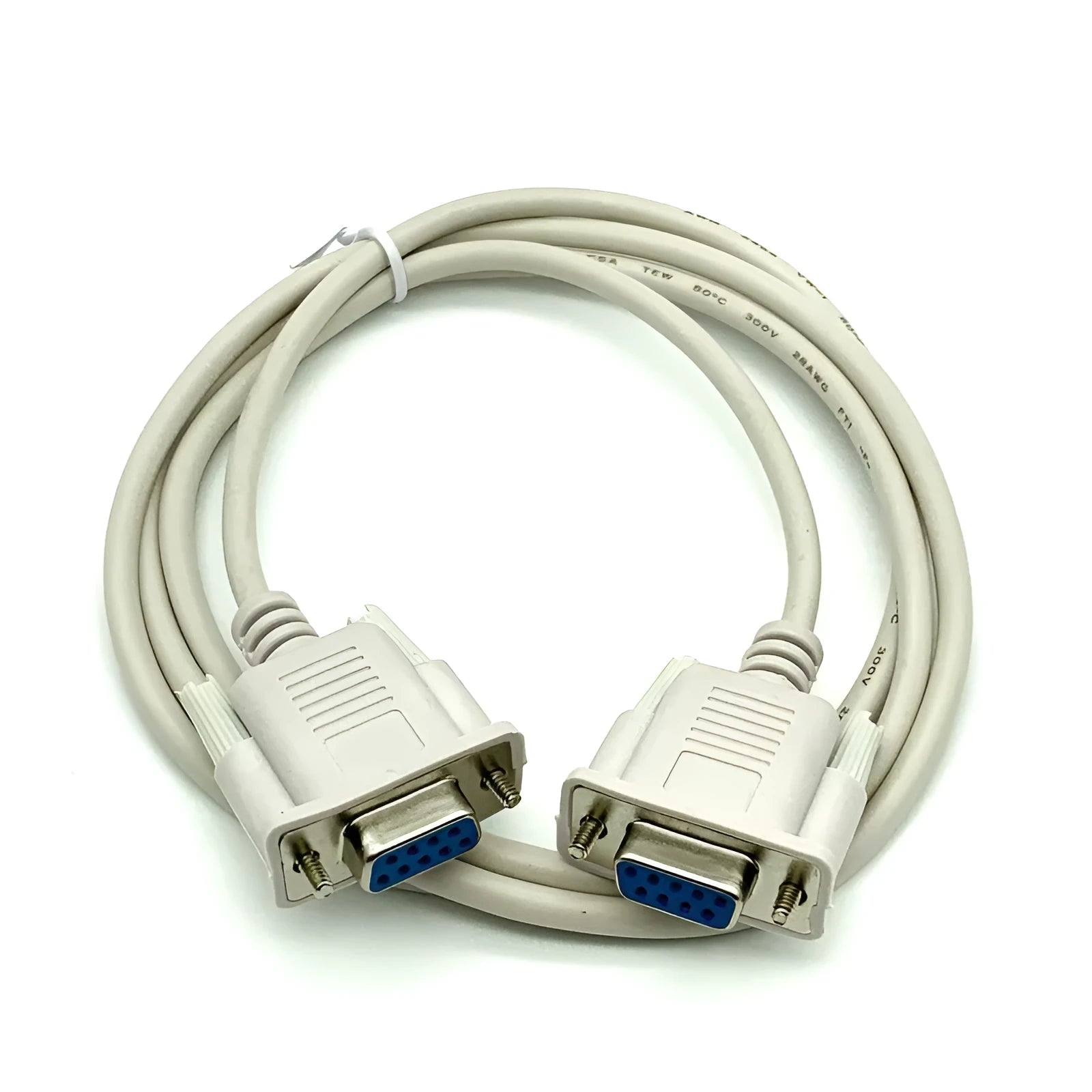 Female to female RS232 serial cable with DB9 connectors, 1.5m length, milky white