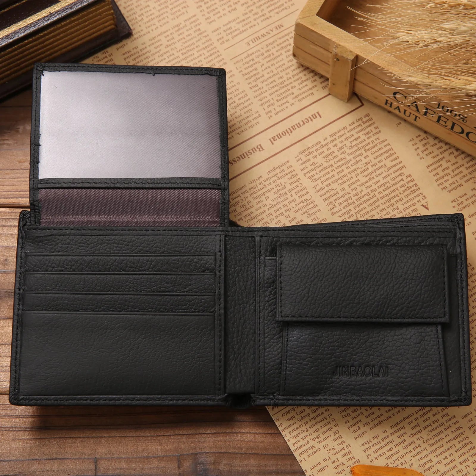 Men's black first-layer cowhide leather bifold wallet with stitching and coin purse measuring 11.5cm by 9.5cm