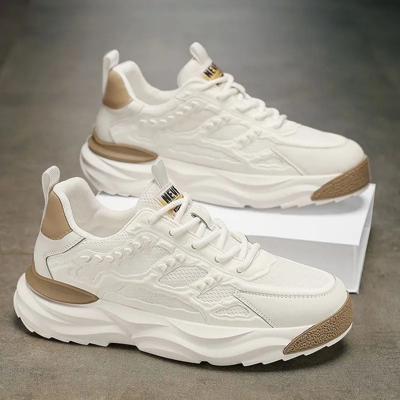 Men's breathable mesh shoes in white or black with PU mesh upper and round toe design