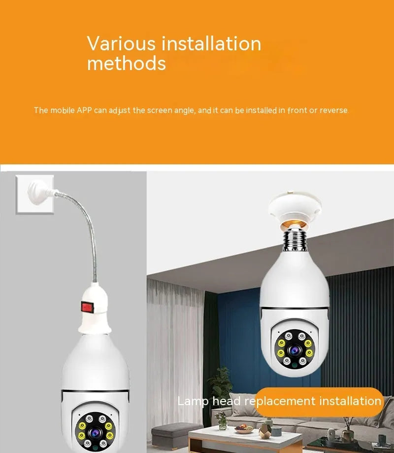 Wireless WiFi bulb security camera with compact design showing 1080p full colour night vision capability