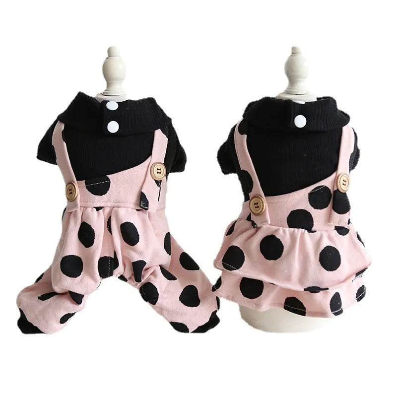 Pet clothing with lapel collar and shoulder strap fastenings in casual cloth design