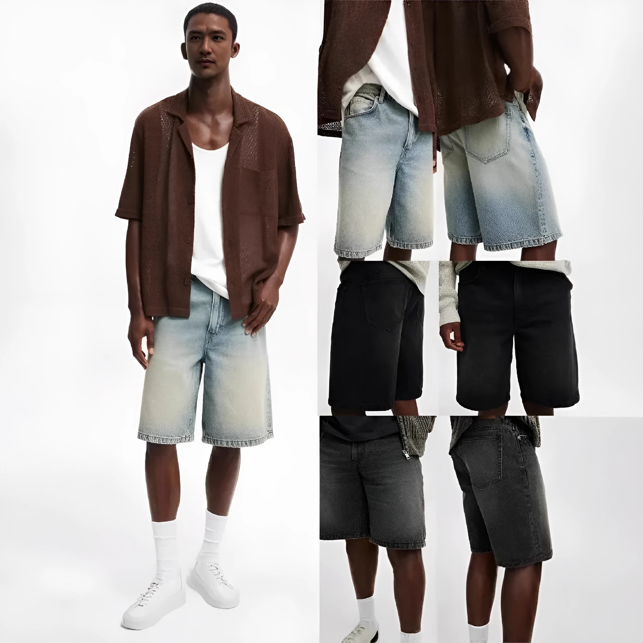 Men's loose fit straight cut jeans in light blue cotton denim street style trousers