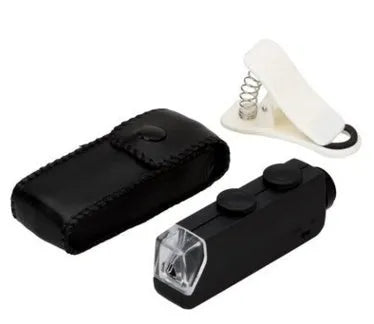 Clip-on smartphone microscope with 60-100X zoom, LED and UV light, attached to a phone camera