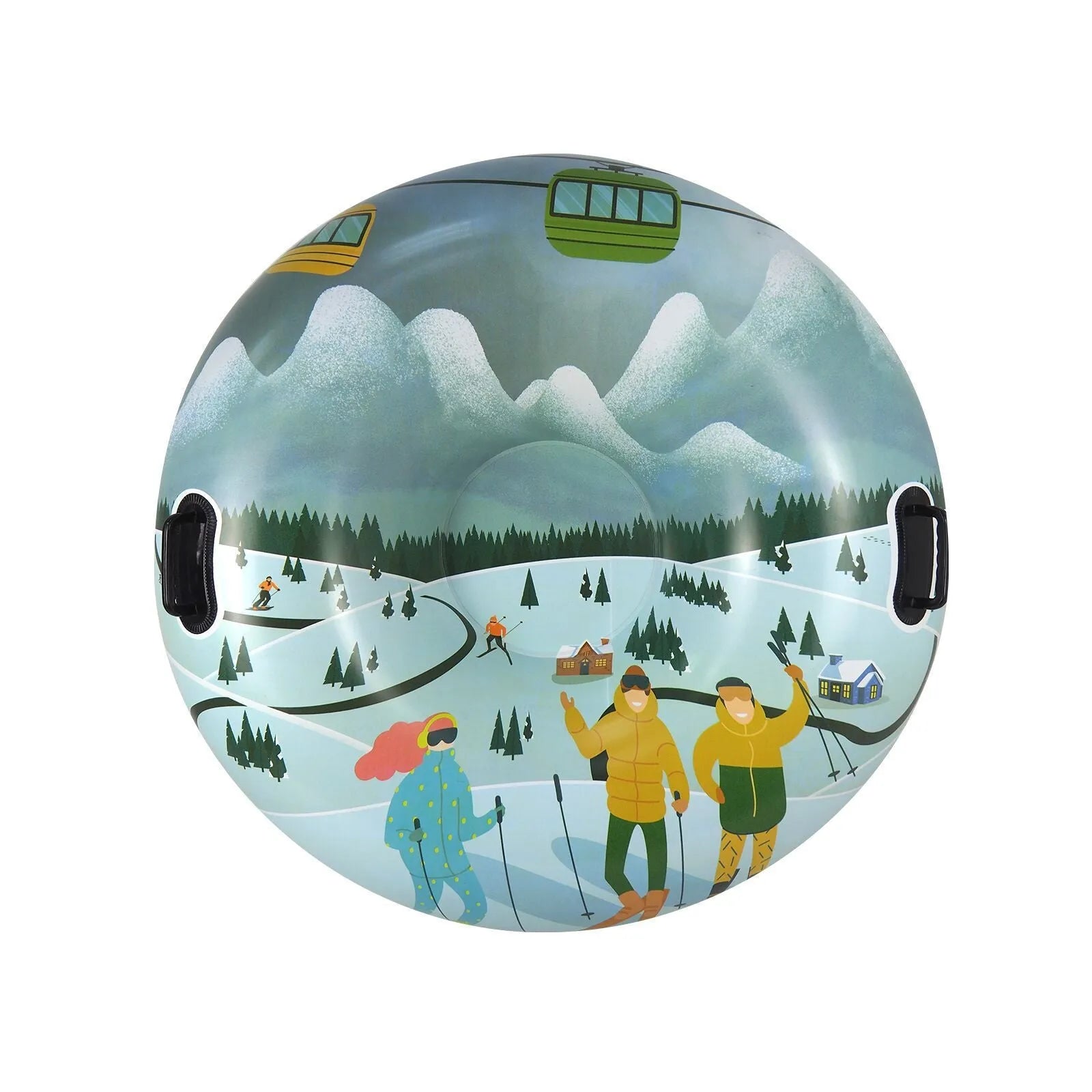 Outdoor PVC ski ring toy for snow play in flame red, ice-snow blue, or snow mountain design.