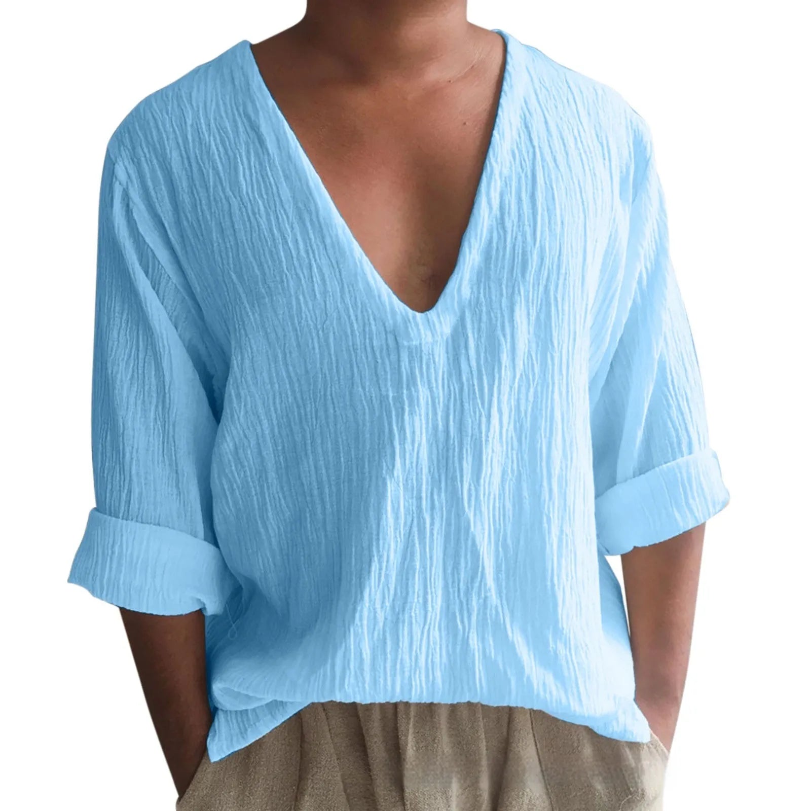 Men's solid colour long sleeve V-neck T-shirt in washed cotton fabric.
