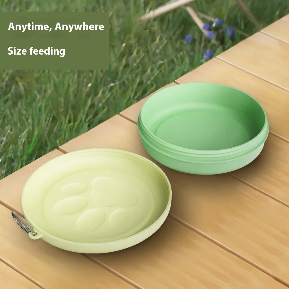 Portable outdoor dog food and water bowl in light pink or green, shown in L and S sizes.