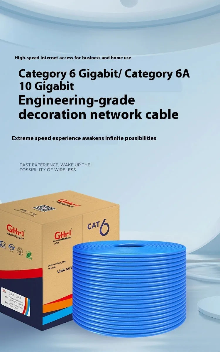 A blue reel of Cat 6a Ethernet cable with oxygen-free copper core, labelled 305 metres and 10Gb/s.