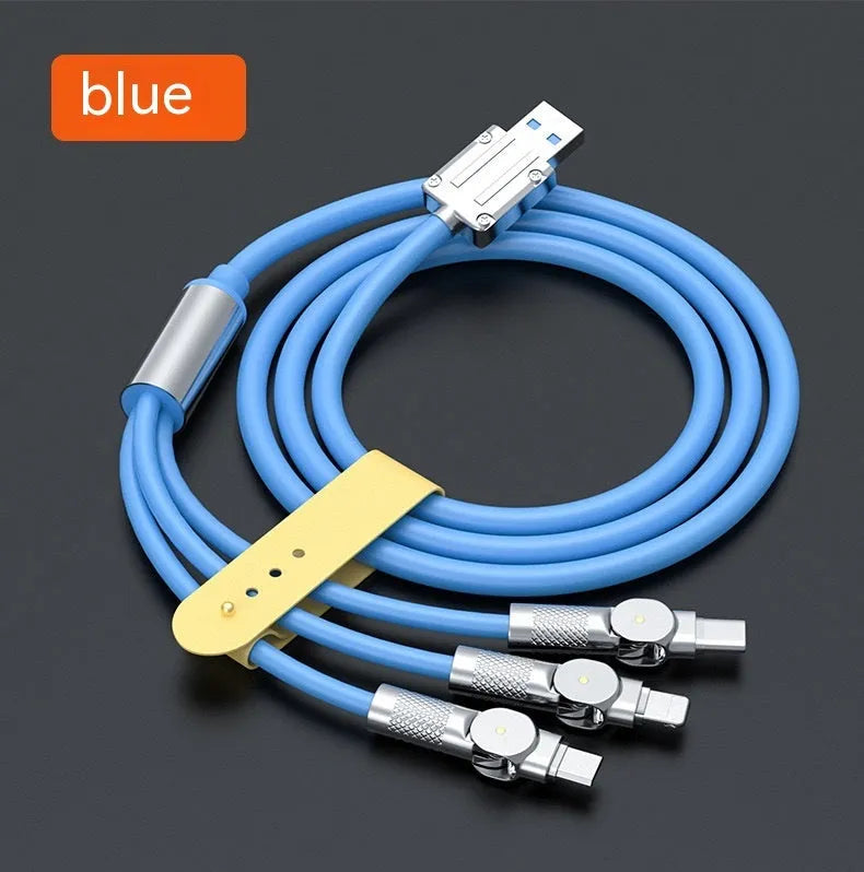 Zinc alloy three-in-one rotating data cable with LED light in orange red colour