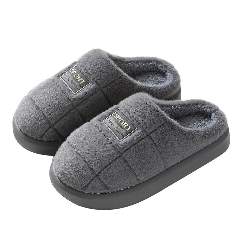Men's grey and brown plaid winter slippers with thick woolen bottom and rabbit hair upper