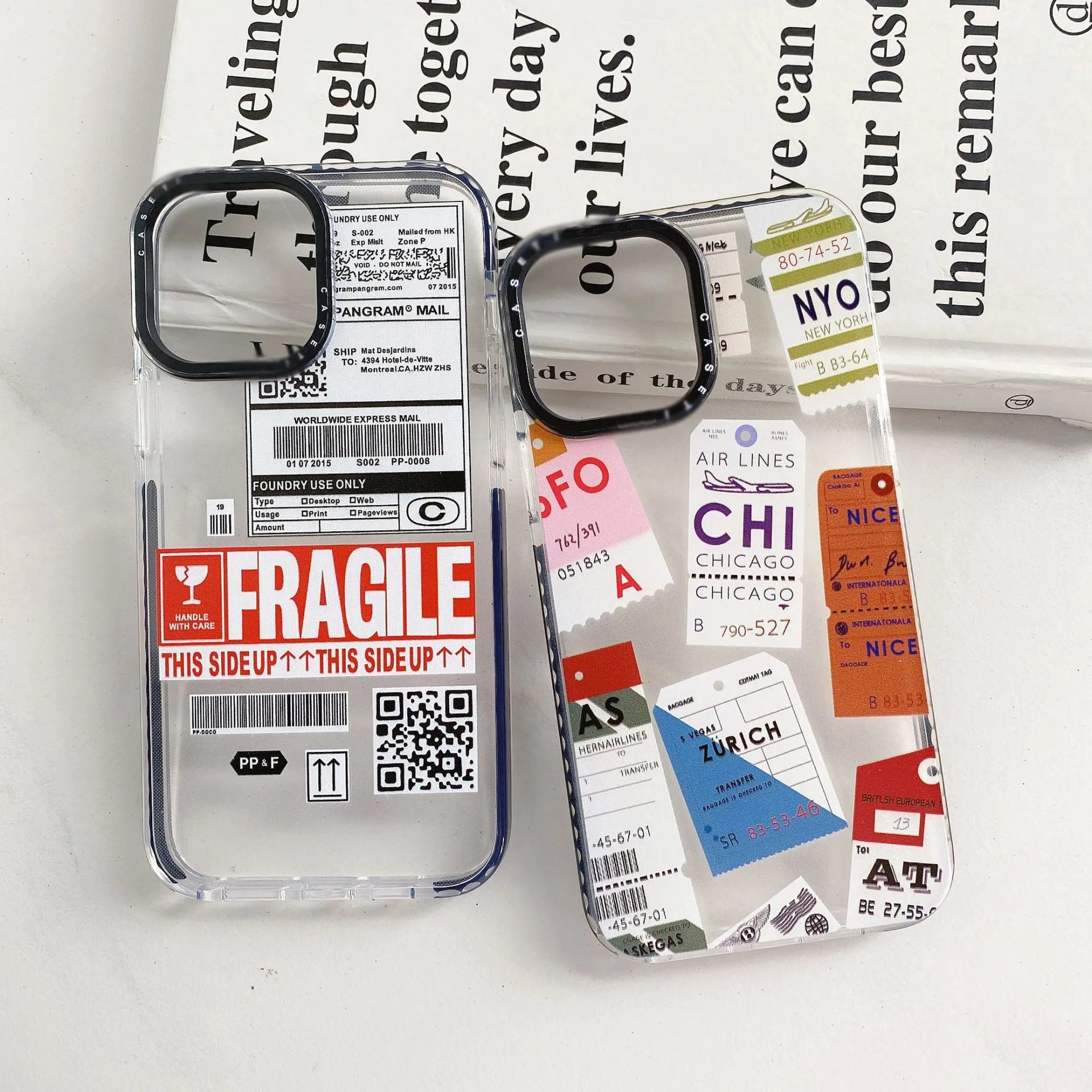 Transparent TPU phone case with travel ticket label coloured painting design for Apple iPhone