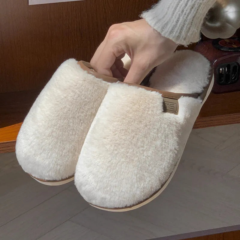 Winter plush slippers with PVC non-slip sole in blue, brown, coffee, pink and white solid colours