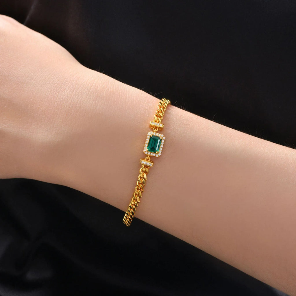 Cuban bracelet in 925 silver with green finish and flower shape, 17cm length for women