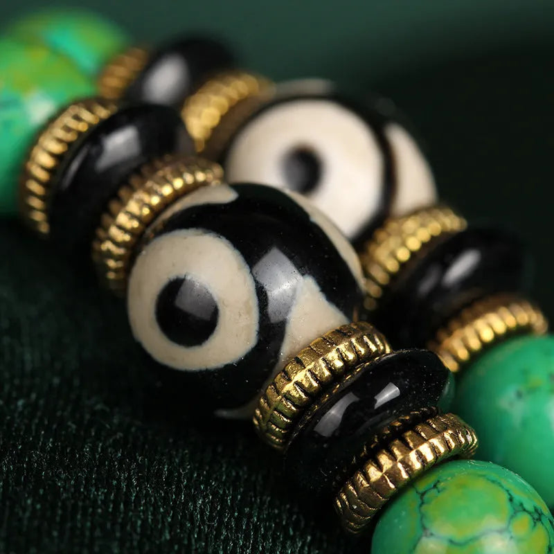 Natural turquoise beaded bracelet with 108 polished 8mm round beads in a national style.