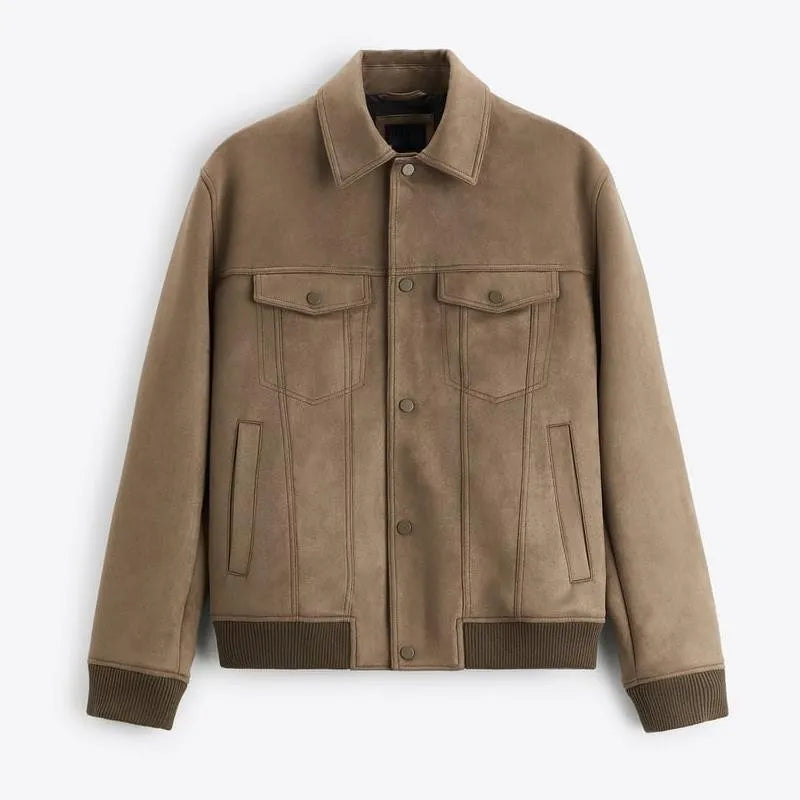 British style suede velvet commuter jacket in light grey or mink colour with long sleeves.