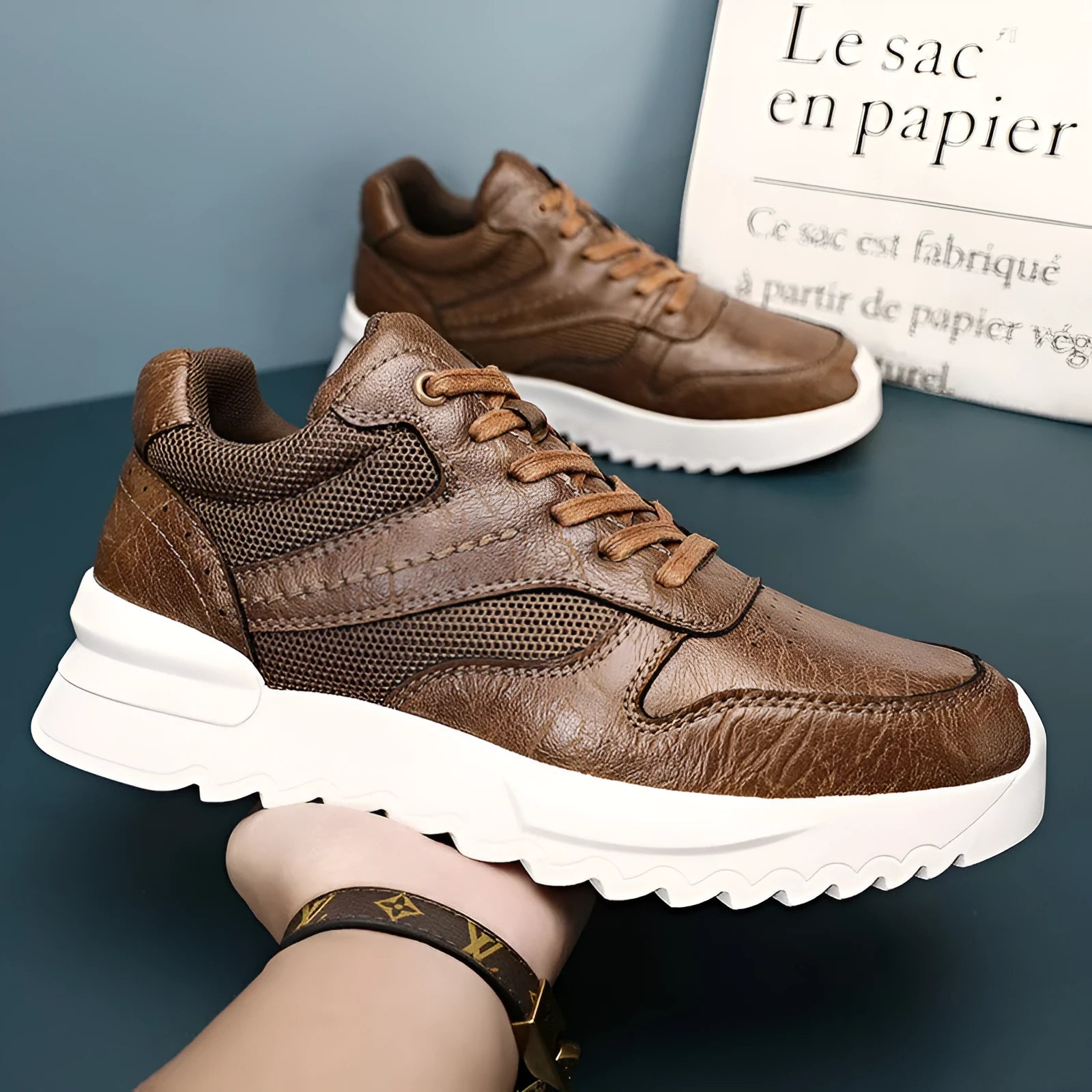 Men's black invisible wedge hidden heel casual sports shoes with synthetic leather upper and rubber sole, side view