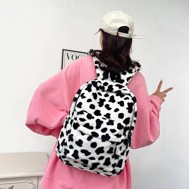 Fall cute plush student backpack with three-dimensional pocket in cow style colour