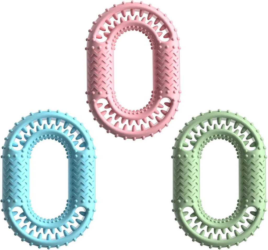 Blue O-ring shaped dog chew toy for aggressive chewers and dental health on a plain background.