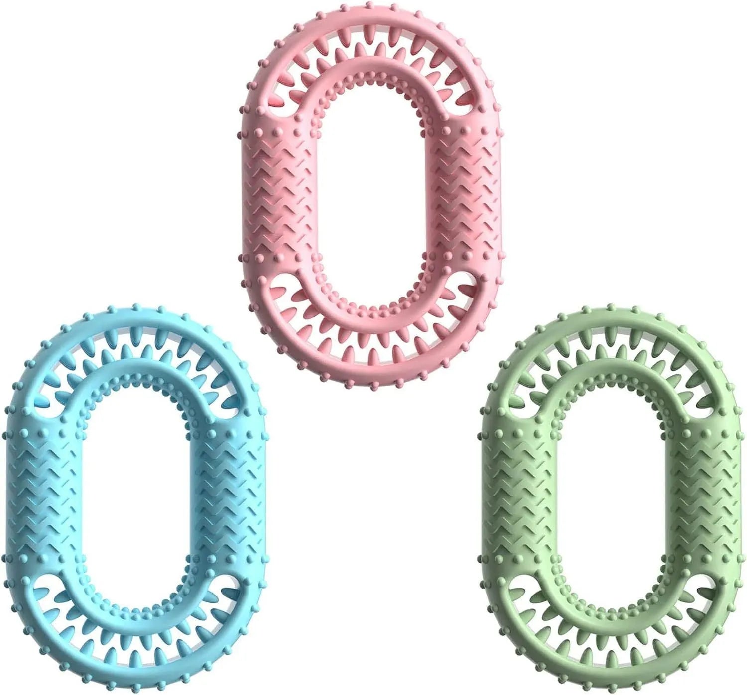 Blue O-ring shaped dog chew toy for aggressive chewers and dental health on a plain background.