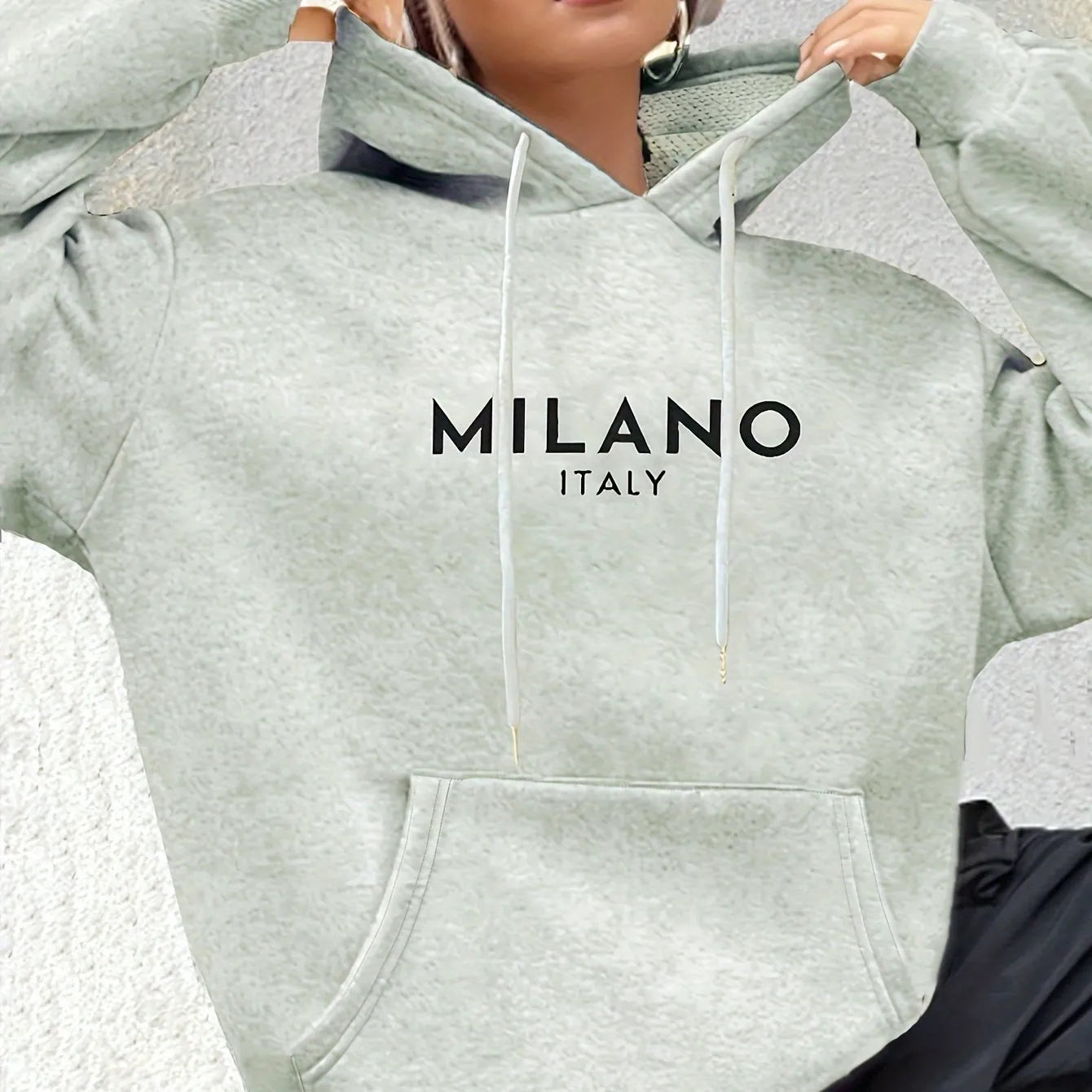 Casual loose fit pullover hoodie in light gray with printed pattern, kangaroo pocket, and hood for men youth polyester fibre