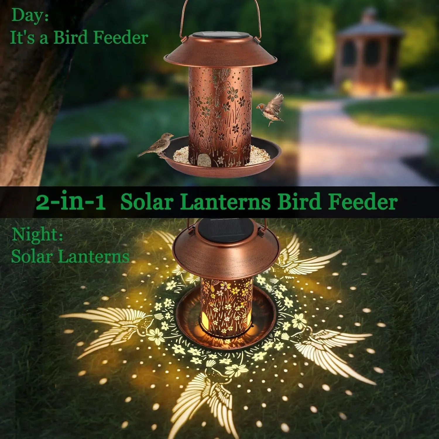Solar-powered iron art hummingbird feeder garden lamp with LED lights and waterproof construction