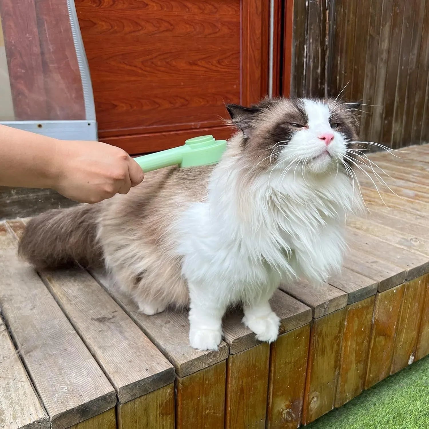 Green pet grooming brush with stainless steel teeth and hair removal function for cats and dogs