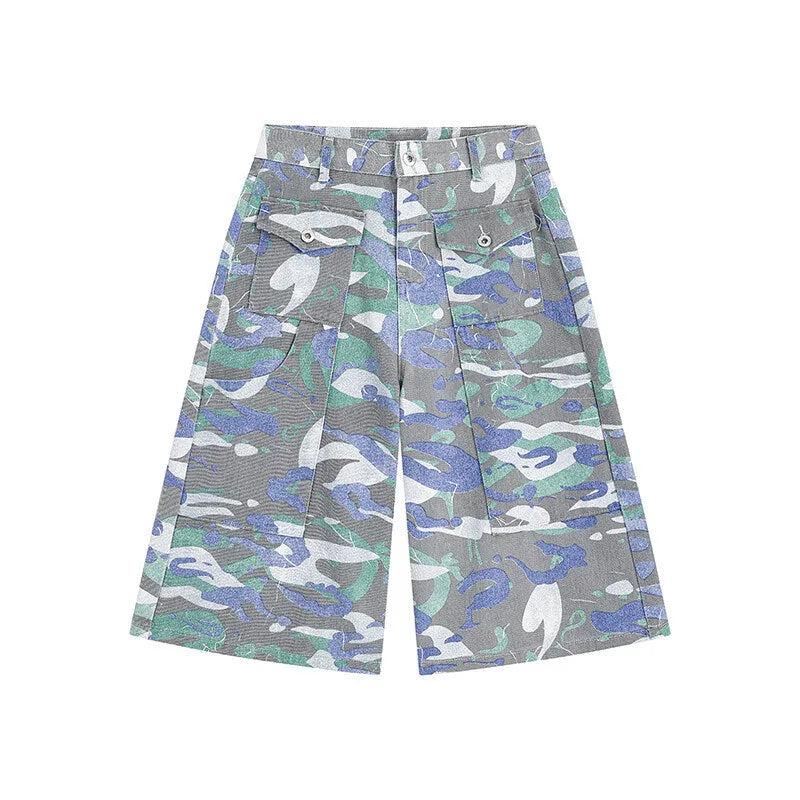 Camouflage colour cotton denim cropped trousers with straight leg and zipper fly