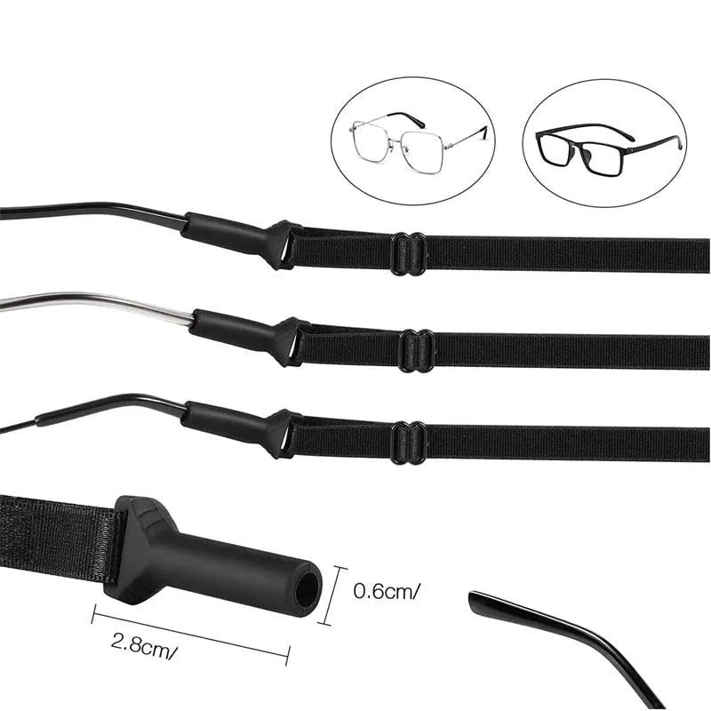 Black adjustable glasses cord with silicone earpiece ends on eyewear
