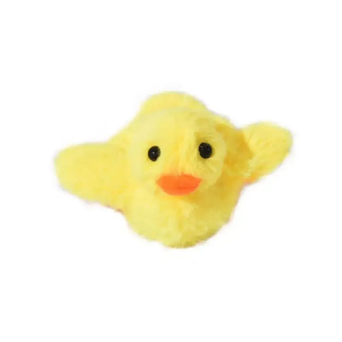 Yellow flapping duck cat toy with soft plush exterior, shown with a USB charging cable.