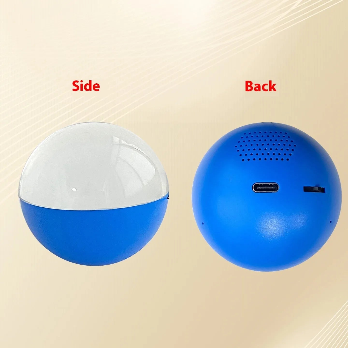 Spherical electronic video player with a round colour screen in orange, blue, white, pink, or black.
