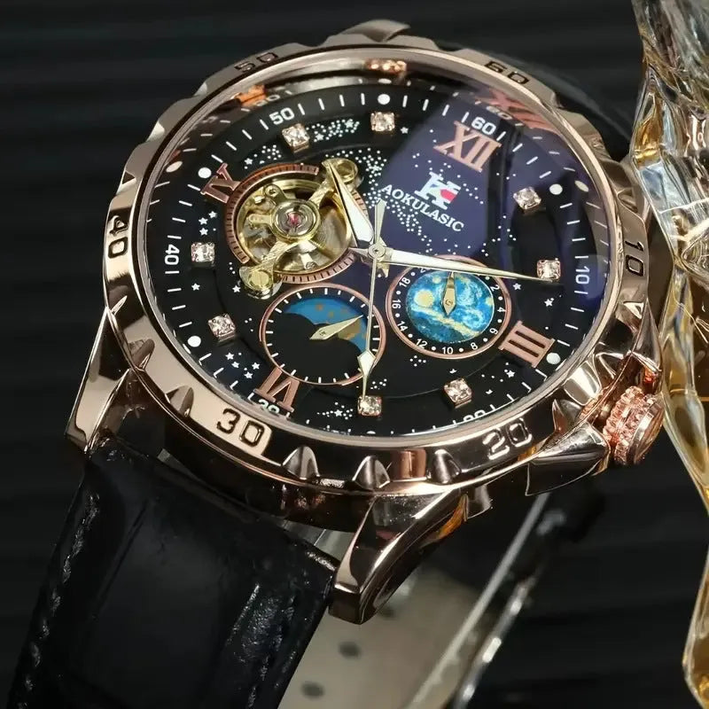 Men's black and rose gold automatic mechanical watch with genuine leather strap and transparent case back