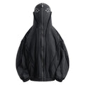 Black cotton padded cardigan coat with hooded design and abstract pattern
