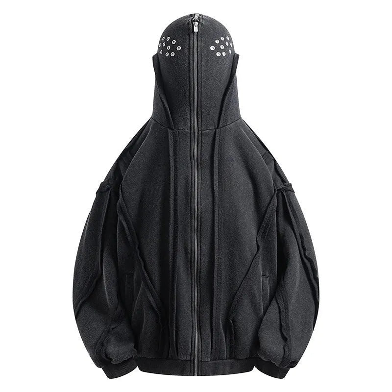 Black cotton padded cardigan coat with hooded design and abstract pattern