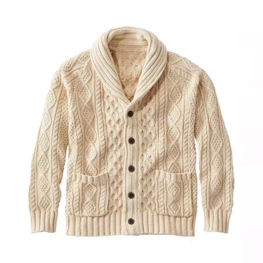 Men's knitted lapel cardigan loose fit deer plush polyester in apricot brown gray navy blue ocean green olive green