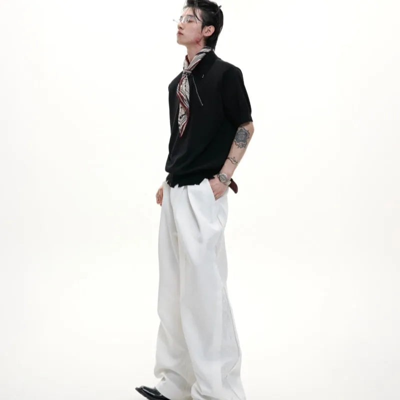 Men's black knitted polo shirt with oblique zipper and slim-fit ice-feel design