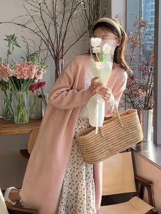 Women's knitted cardigan coat with V-neck and 65cm mid-length design in five colour options